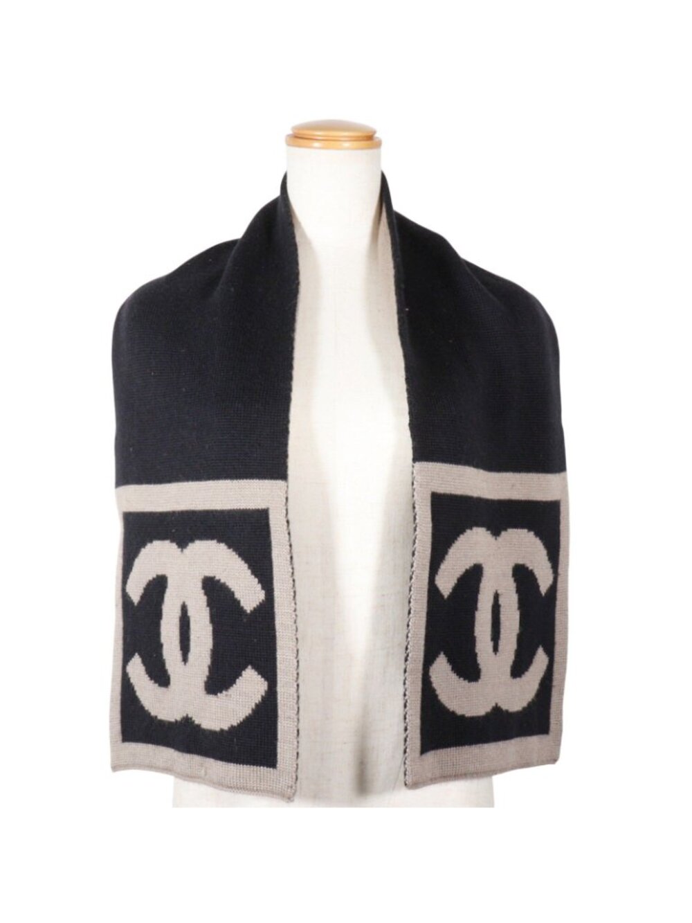 Chanel CC Logo Wool Silk Black Gray Scarf - Picture 2 of 8